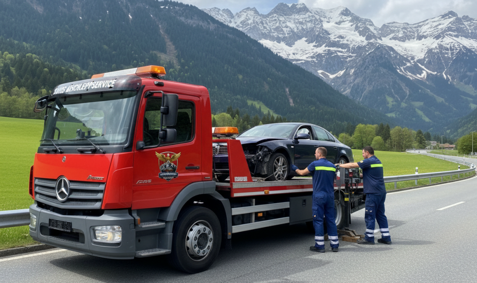 Firefly_Gemini Flash_Roter Abschleppwagen „SWISS Abschleppservice“ lädt ein defektes Fahrzeug auf eine mod 333671