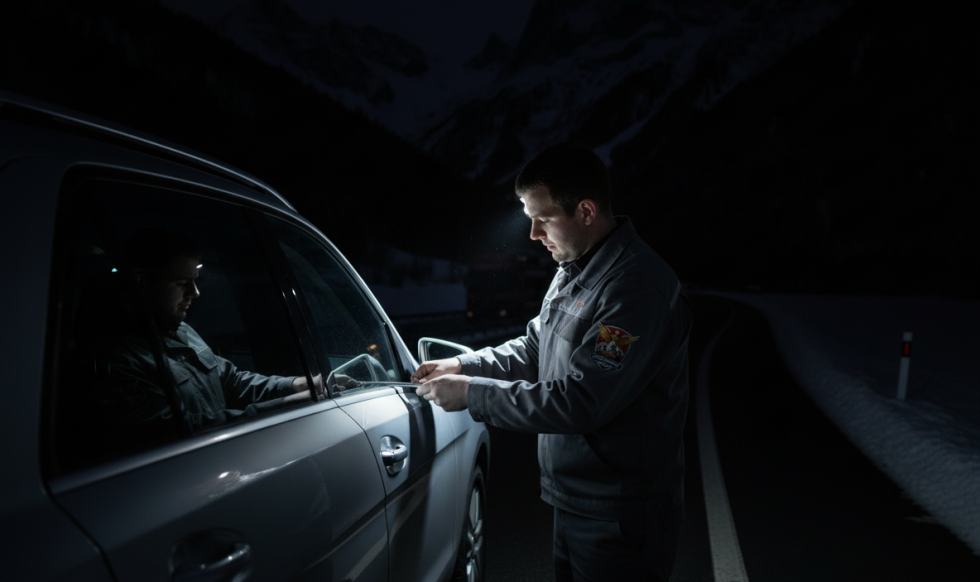 Firefly_Gemini Flash_Techniker im Fokus, Auto im Dunkeln, nur Arbeitslicht beleuchtet die Szene. Hochwerti 315329