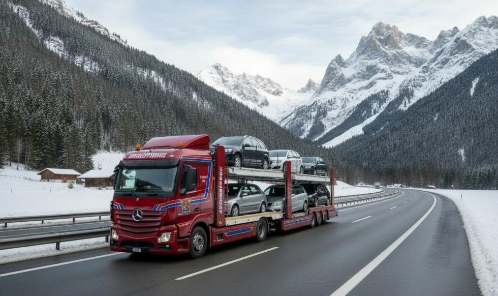 Firefly_Gemini Flash_roter Autotransporter transportiert ein Fahrzeug durch die Schweiz. Realistische Berg 817561