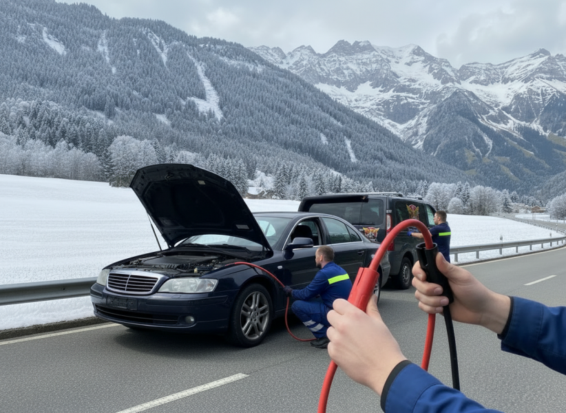 Firefly_Gemini Flash_Ein Servicemitarbeiter verbindet Starthilfekabel an ein Auto im Winter. Schnee am Str 253677