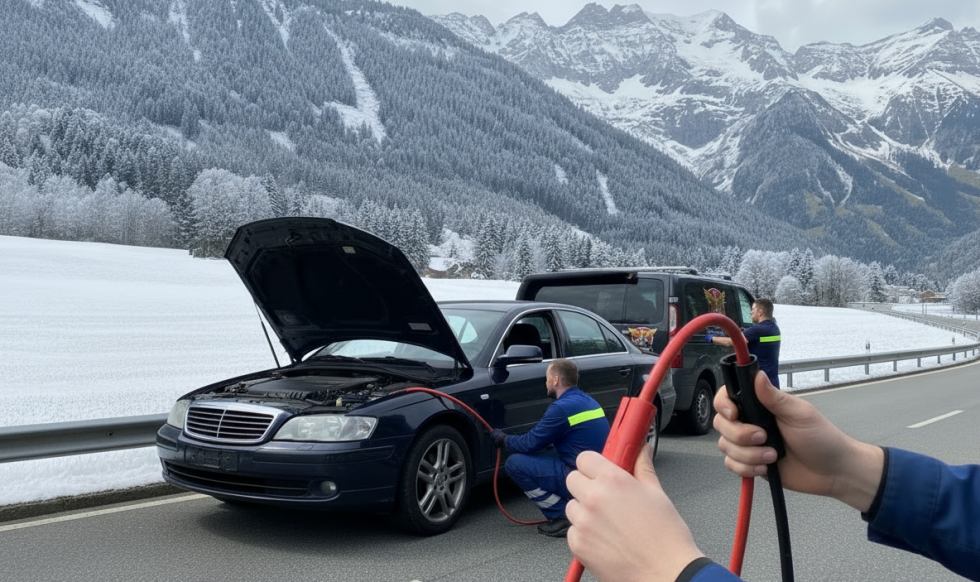 Firefly_Gemini Flash_Ein Servicemitarbeiter verbindet Starthilfekabel an ein Auto im Winter. Schnee am Str 253677