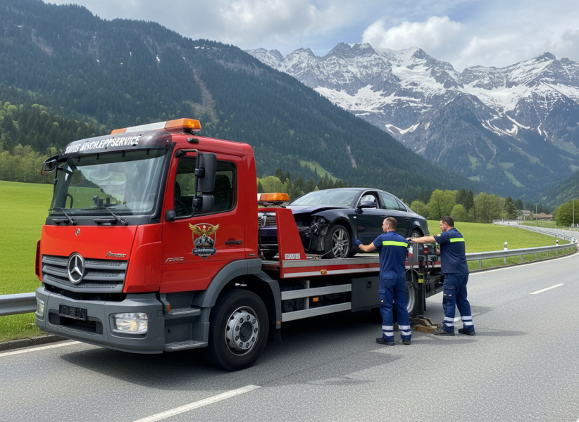 Firefly_Gemini Flash_Roter Abschleppwagen „SWISS Abschleppservice“ lädt ein defektes Fahrzeug auf eine mod 333671