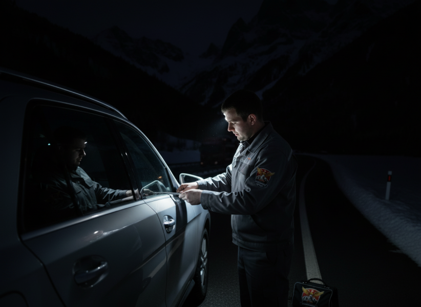 Firefly_Gemini Flash_Techniker im Fokus, Auto im Dunkeln, nur Arbeitslicht beleuchtet die Szene. Hochwerti 315329